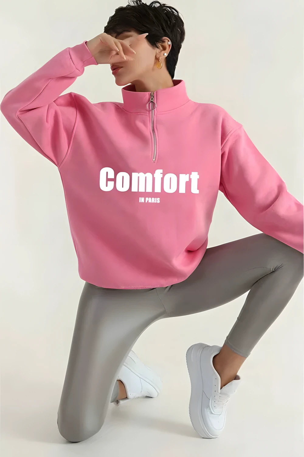 Comfort In Paris Candy Pink Half-Zip Oversize Sweatshirt