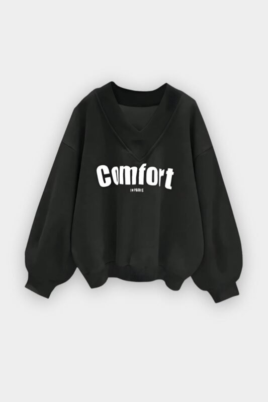 Comfort In Paris Jet Black V-Neck Oversize Sweatshirt
