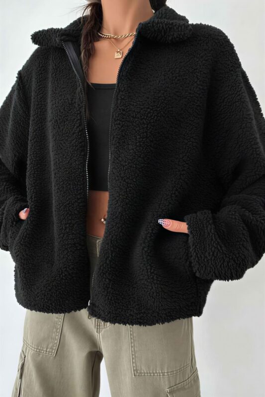 Oversize Kuzu Tüyü Mont - Siyah
