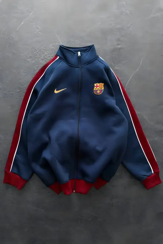 Retro Navy Blue Oversize Fleece Track Jacket