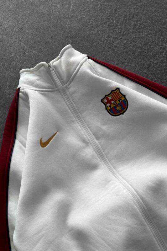 White ‘Barca Vibes’ Zip-Up Track Jacket (Bordo Şeritli)