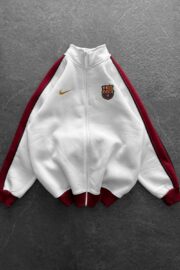 White ‘Barca Vibes’ Zip-Up Track Jacket (Bordo Şeritli)
