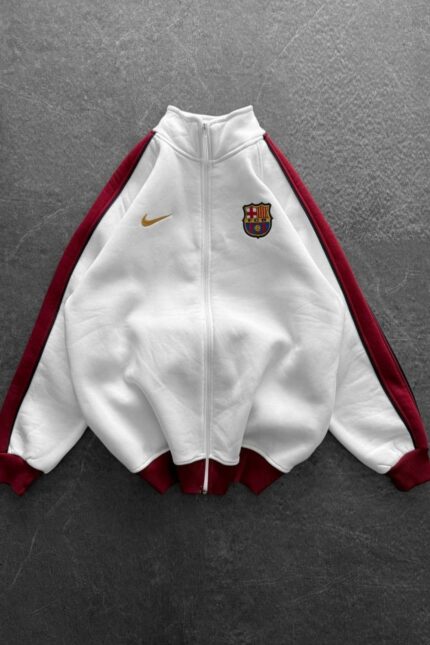 White ‘Barca Vibes’ Zip-Up Track Jacket (Bordo Şeritli)
